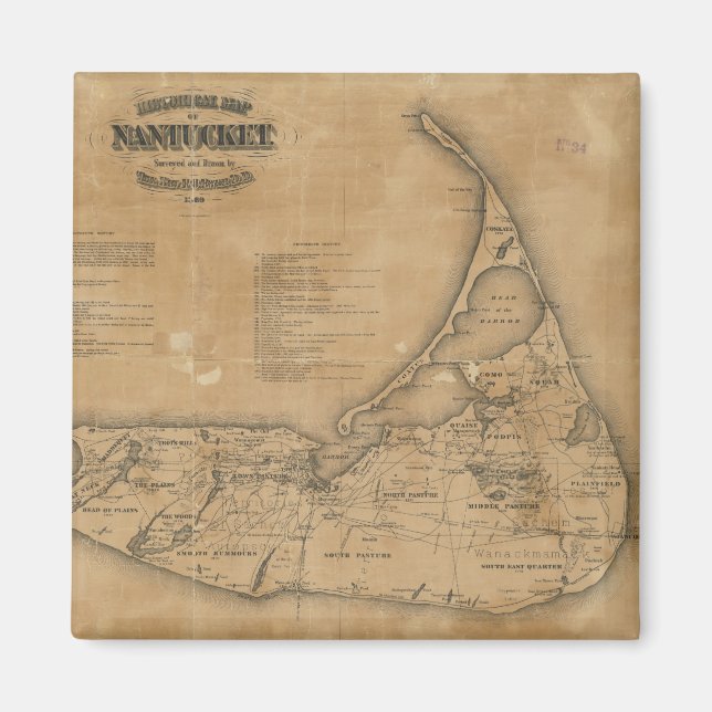 Íman Mapa de Vintage do Nantucket (1869) (Frente)