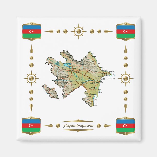 Íman Mapa do Azerbaijão + Ímã de Bandeiras (Frente)