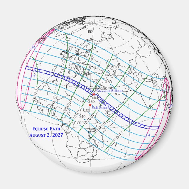 Íman Mapa do Eclipse Solar Total de 2027 (Frente)