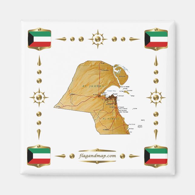 Íman Mapa do Kuwait + ímã de sinalizadores (Frente)