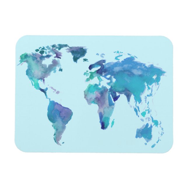 Íman Mapa do Mundo Azul da Aquarela (Horizontal)