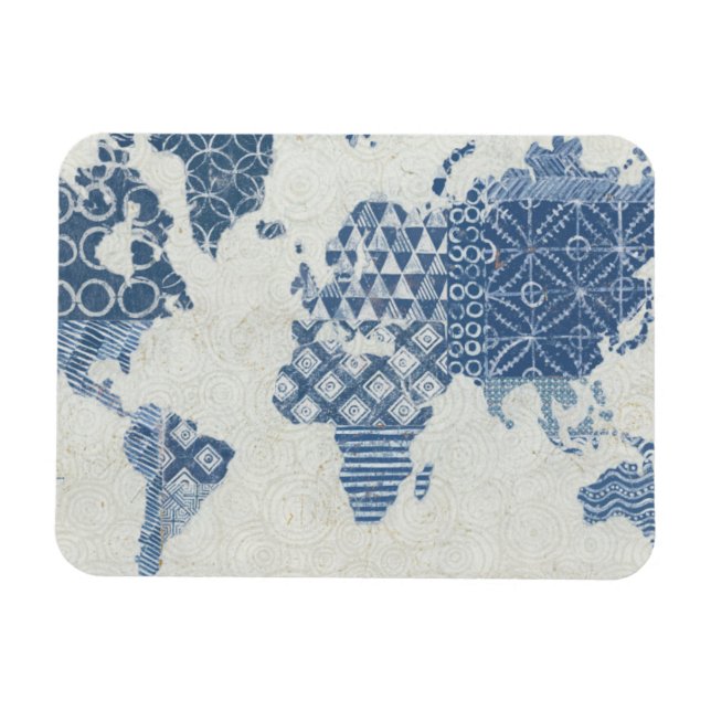 Íman Mapa do Mundo do Indigo Blue Batik (Horizontal)