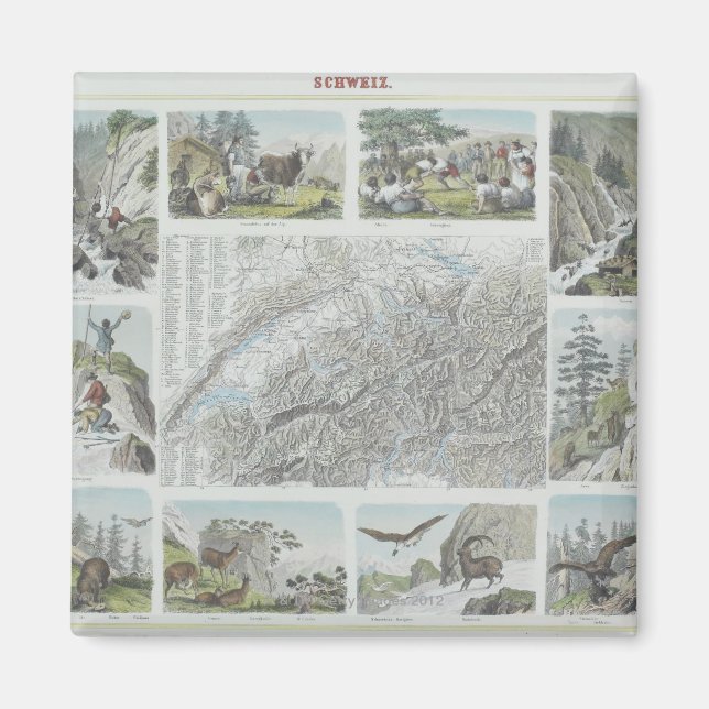 Íman Mapa e Vignetos dos Alpes suíços (Frente)