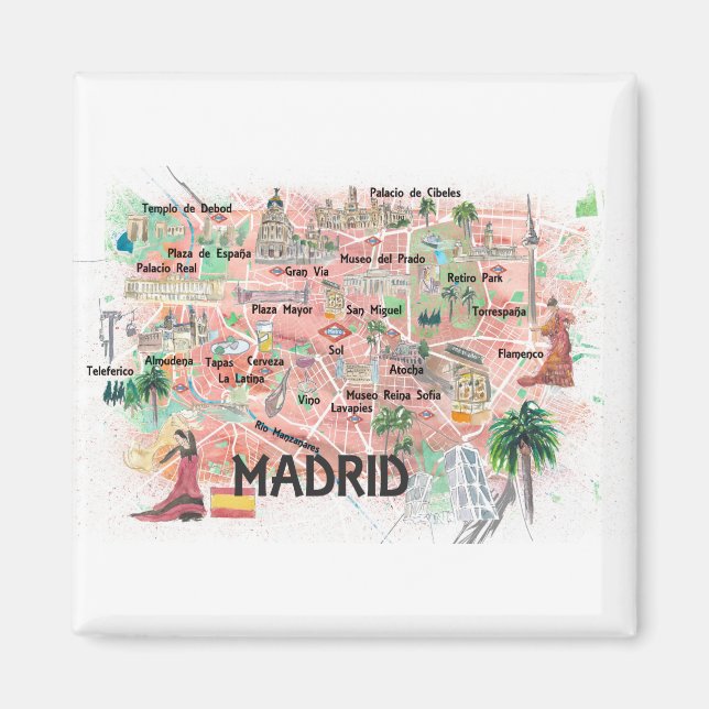 Íman Mapa Ilustrado da Espanha Madrid com Estradas Prin (Frente)