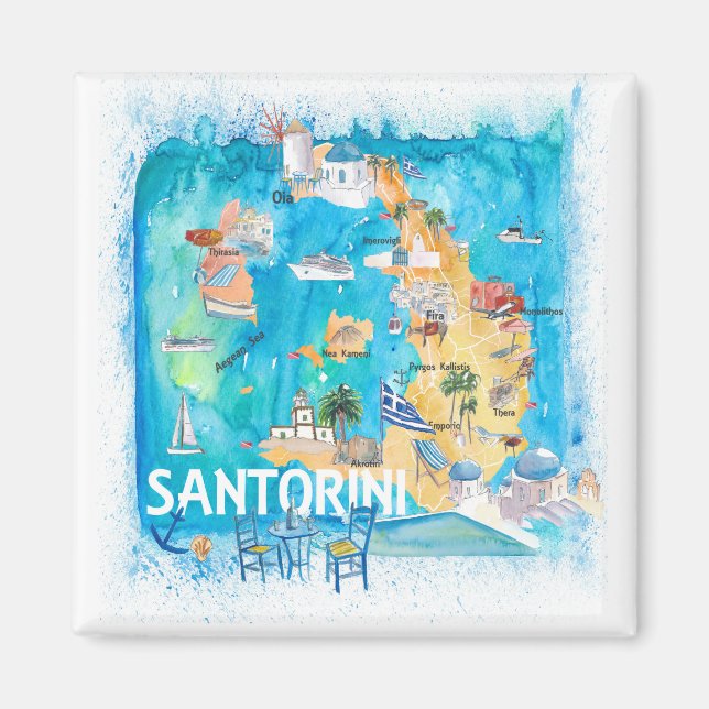 Íman Mapa Ilustrado da Grécia Santorini com Estradas Pr (Frente)