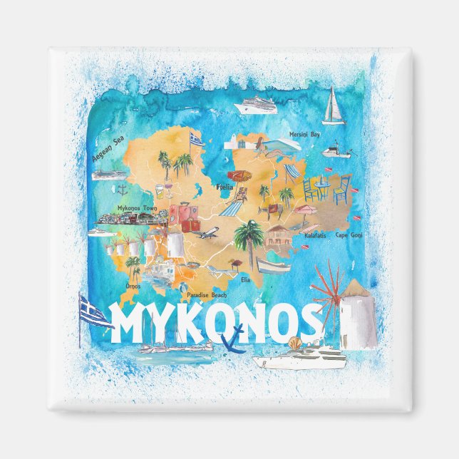 Íman Mapa Ilustrado de Grécia do Mykonos com Pontos de  (Frente)