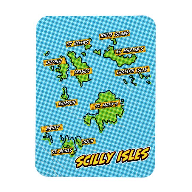 Íman Mapa ilustrado de Pop Art das Ilhas Scilly (Vertical)
