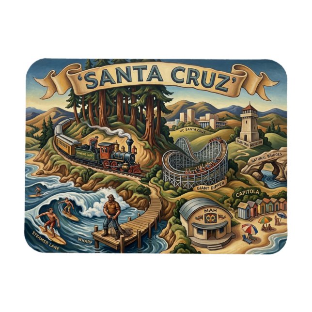 Íman Mapa Ilustrado de Santa Cruz Califórnia Cais da UC (Horizontal)