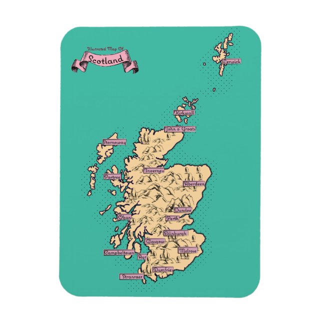 Íman Mapa ilustrado de Viagem da Escócia (Versão Teal) (Vertical)