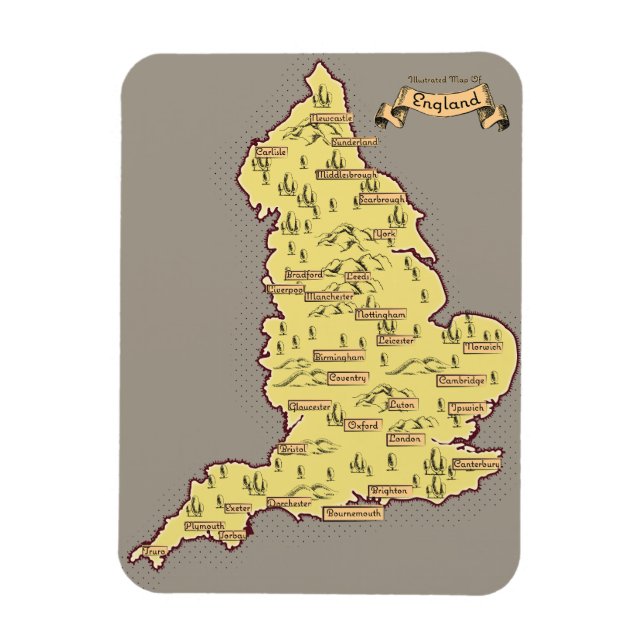 Íman Mapa ilustrado de Viagem da Inglaterra (Vertical)