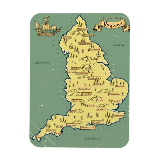 Íman Mapa ilustrado de Viagem da Inglaterra (Vertical)