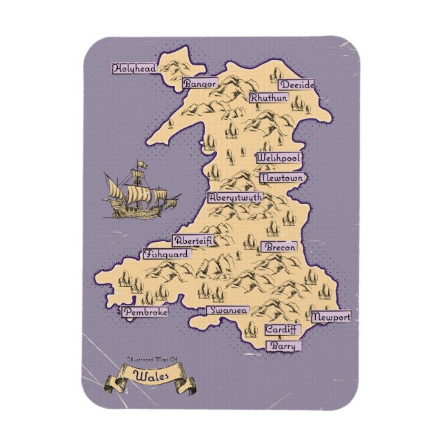 Íman Mapa ilustrado de Viagem de Gales (Vertical)
