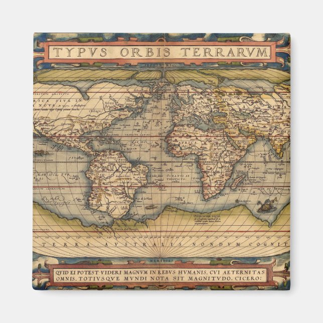 Íman Mapa Mundial Antigo de Abraham Ortelius 1564 (Frente)