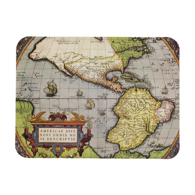 Íman Mapa Mundial Antiquado das Américas, 1570 (Horizontal)