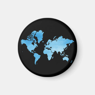 Íman Mapa Mundial Azul Minimalista Arte Aquarela