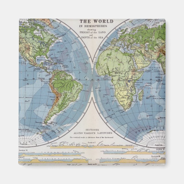 Íman Mapa Mundial mostrando Alturas da Profundidade da  (Frente)