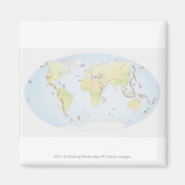 Íman Mapa mundial mostrando locais de atividade vulcâni (Frente)