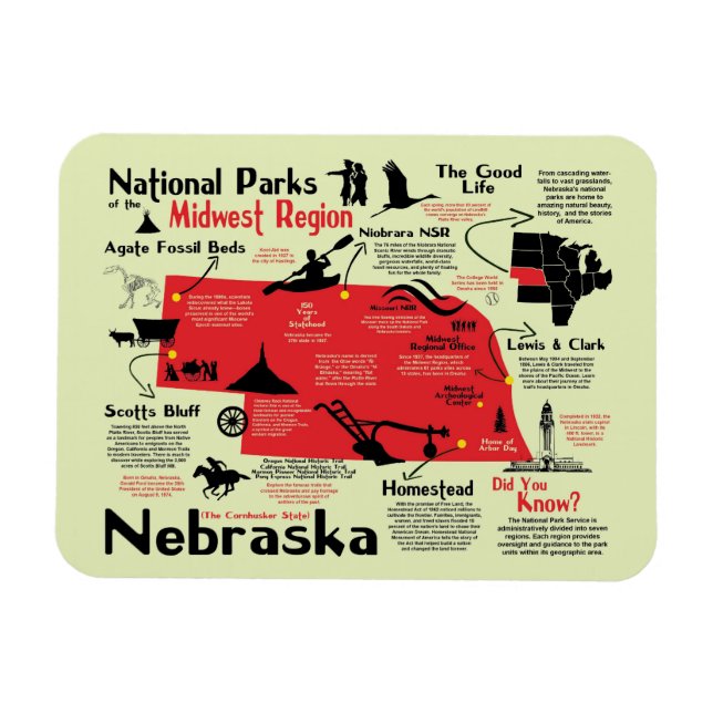 Íman Mapa Nacional dos Parques do Nebraska (Horizontal)