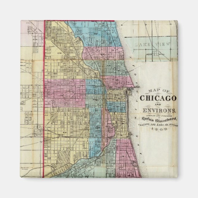 Íman Mapa Vintage de Chicago (1869) (Frente)
