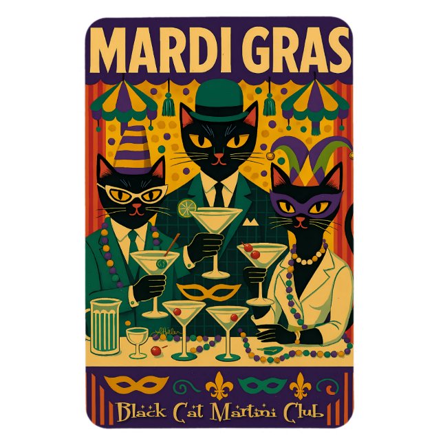 Íman Mardi Gras Black Cat Martini Club Trio (Vertical)