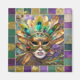 Íman Mardi Gras Dourada e Máscara de Pavão Verde