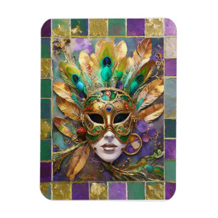 Íman Mardi Gras Dourada e Máscara de Pavão Verde