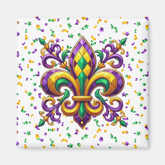 Íman Mardi Gras fleur de lis, verde-púrpura (Frente)