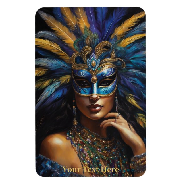 Íman Mardi Gras Máscara Penas Miçangas Texto Personaliz (Vertical)