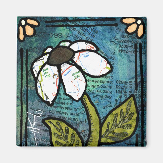 Íman Margarida Branca em Fundo Azul - Colagem (Frente)