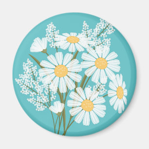 Íman Margaridas Brancas Florais Elegantes em Teal