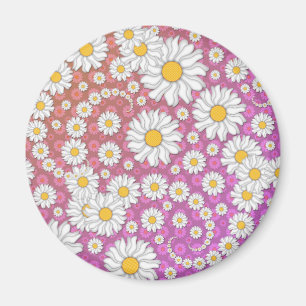Íman Margaridas Brancas Fofas em Fundo Amarelo Rosa