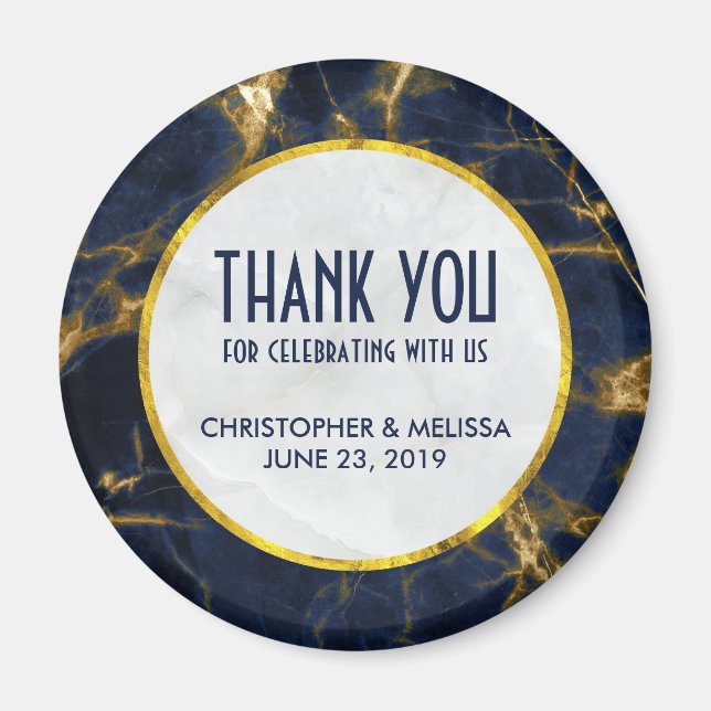 Íman Marinho Azul e Dourado Marble Modern Casamento com (Frente)