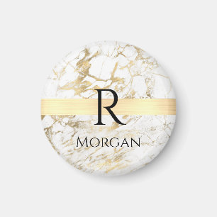 Íman Mármore Branco e Dourado Barra Dourada, Monograma