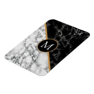 Íman Mármore branco preto monograma - sua letra/anos