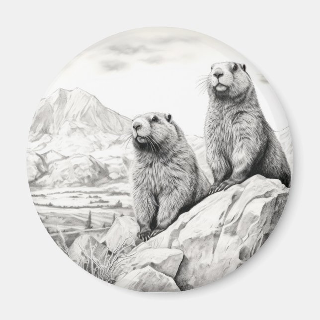 Íman Marmot Animal Discovery Wild Nature Sketch Art (Frente)