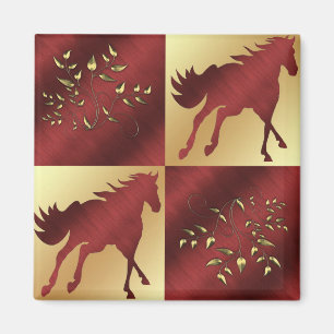 Íman Marrom e ouro do cavalo com folhas do ouro