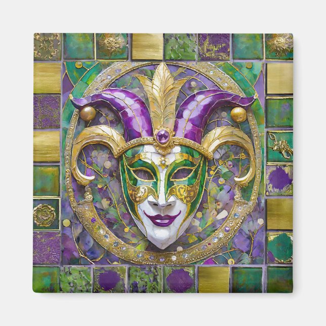 Íman Máscara de Jester Mardi Gras Roxo Verde Dourado (Frente)