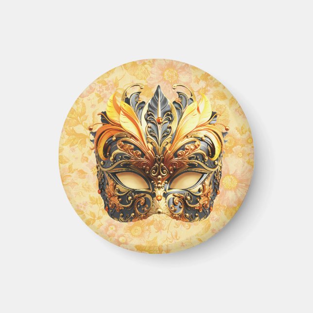 Íman Máscara de pena amarela sobre padrão floral (Frente)
