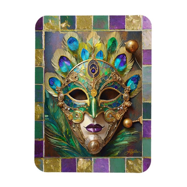 Íman Máscara de Pena de Pavão Cerâmico Dourado de Mardi (Vertical)