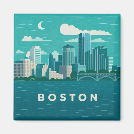 Íman Massachusetts Night Cityscape | Boston Skyline Art