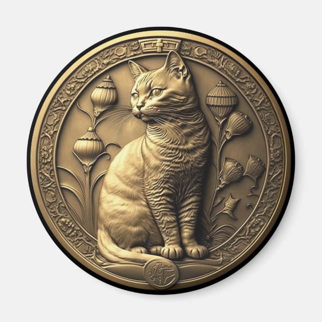 Íman Medalhão de Gatos Dourados Sentados (Frente)