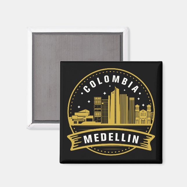 Íman Medellin Colombia Cityscape Dourado (Front/Back)