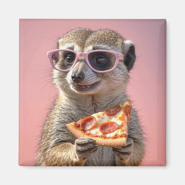 Íman Meerkat bonito com óculos e pizza (Frente)