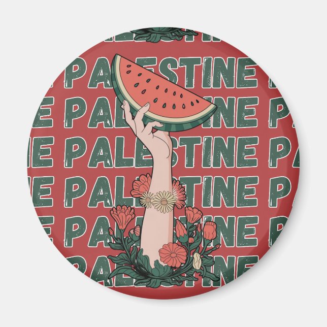 Íman melancia, flores e texto palestino Repetir (Frente)