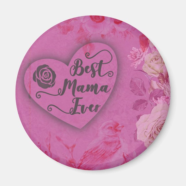Íman Melhor Mamãe Rosas Rosa e Flores de Aves (Frente)