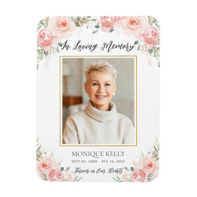 Íman Memorial do Funeral Fotográfico Floral Rosa Blush  (Vertical)