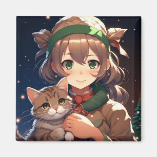 Íman Menina Anime Fofa Segurando um Gatinho de Natal