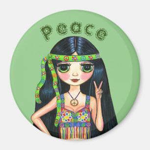 Íman Menina Boneca Hippie dos Anos 60 Sinal de Paz Fofo