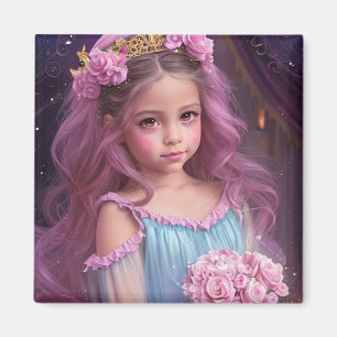 Íman Menina Bonita com Flores Rosas no Cabelo