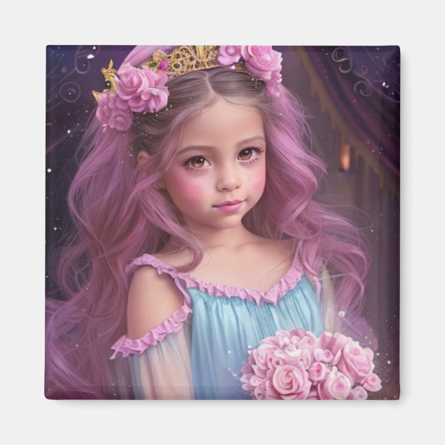 Íman Menina Bonita com Flores Rosas no Cabelo (Frente)